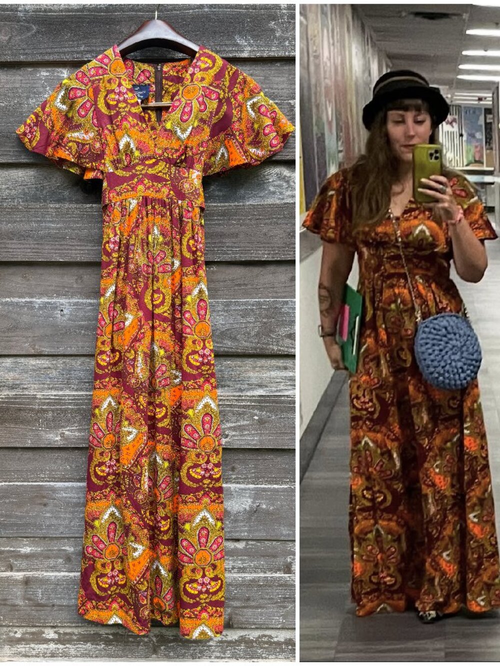 Vintage 70s Paisley Orange Batwing Sleeve Empire Waist Maxi Dress S/M